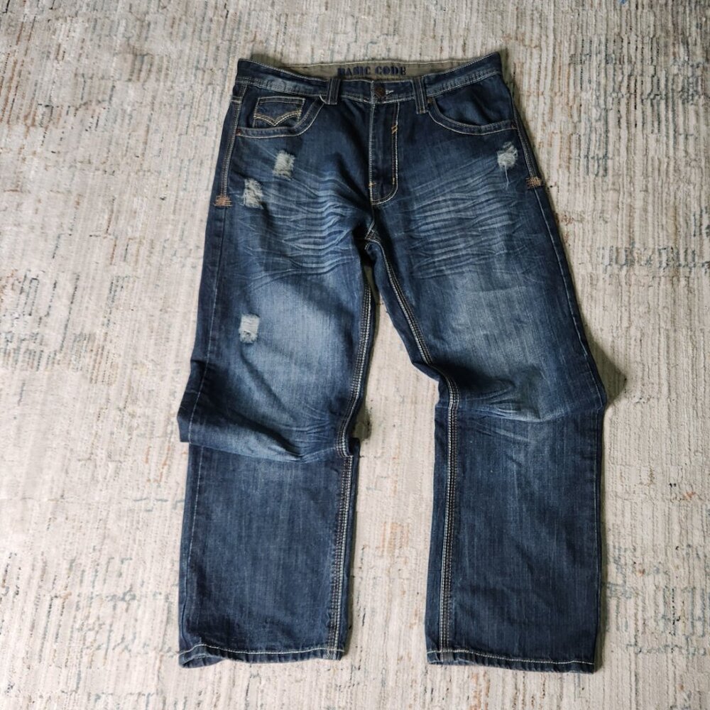 Basic Code Blue Denim Jeans, Distressed, Size 36W 32L